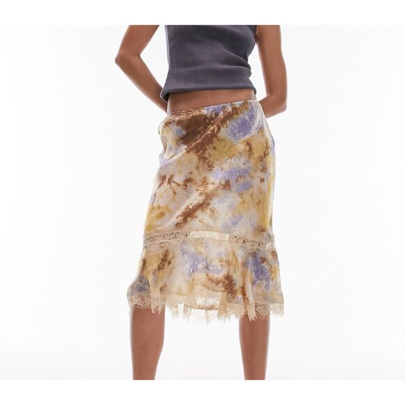NWT Topshop satin tie dye 90's length skirt with lace trim detail in multi size - Picture 1 of 5